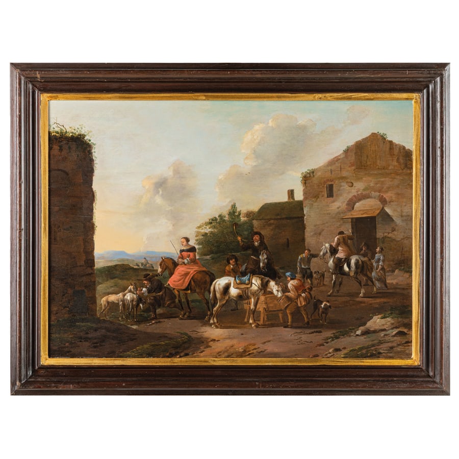 SIMON JOHANNES VAN DOUW: (Anversa, 1630 circa - dopo il 1677) Scena di esterno con figure e cavalli Olio su tavola, cm 58,8X82,5 Provenienza: Amsterdam, Christie's, 18 novembre 1993, lotto 55 Milano, collezione privata Biblio