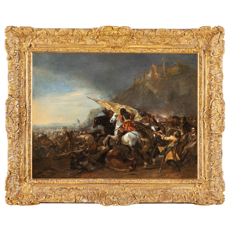 HENDRICK VERSCHURING: (Gorinchem, 1627 - Dordrecht, 1690) Scena di battaglia Firmato in maniera indistinta in basso a sinistra: 'H. Verschuring. F.16(77?)' Olio su tela, cm 56X69,5 Provenienza: Parigi, Christie's, 15