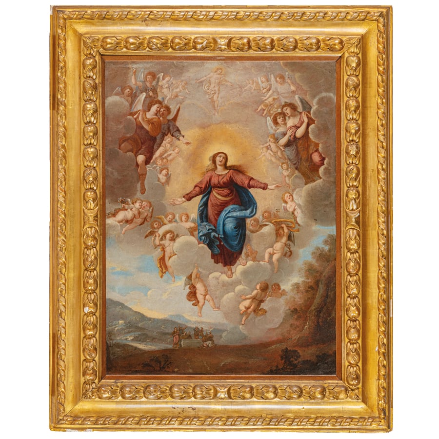 PITTORE BOLOGNESE DEL XVII SECOLO: Assunzione della Vergine Olio su rame, cm 73,5X54 Il dipinto sorprende per le ragguardevoli misure del supporto in rame, indice di una ricercatezza tecnica per l'epoca quanto mai preziosa. Per quanto 