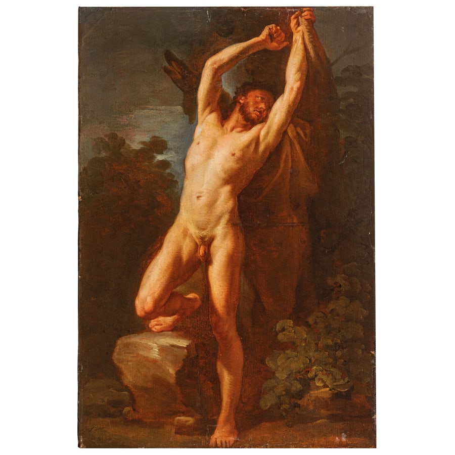 PITTORE EMILIANO DEL XVIII-XIX SECOLO: San Sebastiano Olio su carta applicata su tela, cm 51,3X34,5 Lo stile dell'opera suggerisce l'attribuzione ad un artista emiliano formatosi nel XVIII secolo, prossimo per esiti di stile alla