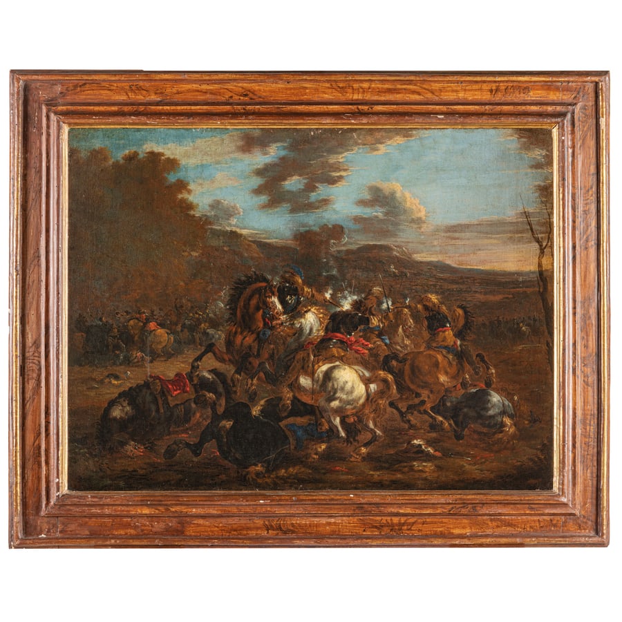 JOHANN ANTON EISMANN: (Salisburgo, 1604 - Venezia, 1698) Coppia di battaglie Olio su tela, cm 72X96 (2) Provenienza: Collezione privata Per i caratteri di stile le tele si riconducono al catalogo di Anton Eismann e possiam