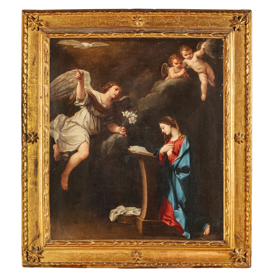 GIROLAMO DONNINI: (Correggio, 1681 - Bologna, 1743) Annunciazione Olio su tela, cm 104X87,5 Provenienza: Genova, collezione privata Vienna, Dorotheum, 25 maggio 2025, lotto 73 (come Girolamo Donnini) Collezione
