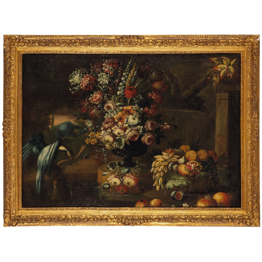 GASPARE LOPEZ e BOTTEGA: (Napoli, 1650 - Firenze, 1740) Natura morta con fiori e frutti in un giardino Olio su tela, cm 91,3X128,2 Provenienza: Collezione privata Vedi scheda al lotto successivo. Bibliografia di riferimento: 