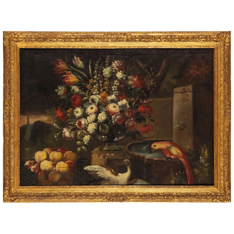 GASPARE LOPEZ e BOTTEGA: (Napoli, 1650 - Firenze, 1740) Natura morta con fiori, frutta e pappagallo Olio su tela, cm 91,5X129 Provenienza: Collezione privata Riconducibili alla Scuola napoletana, le nature morte qui