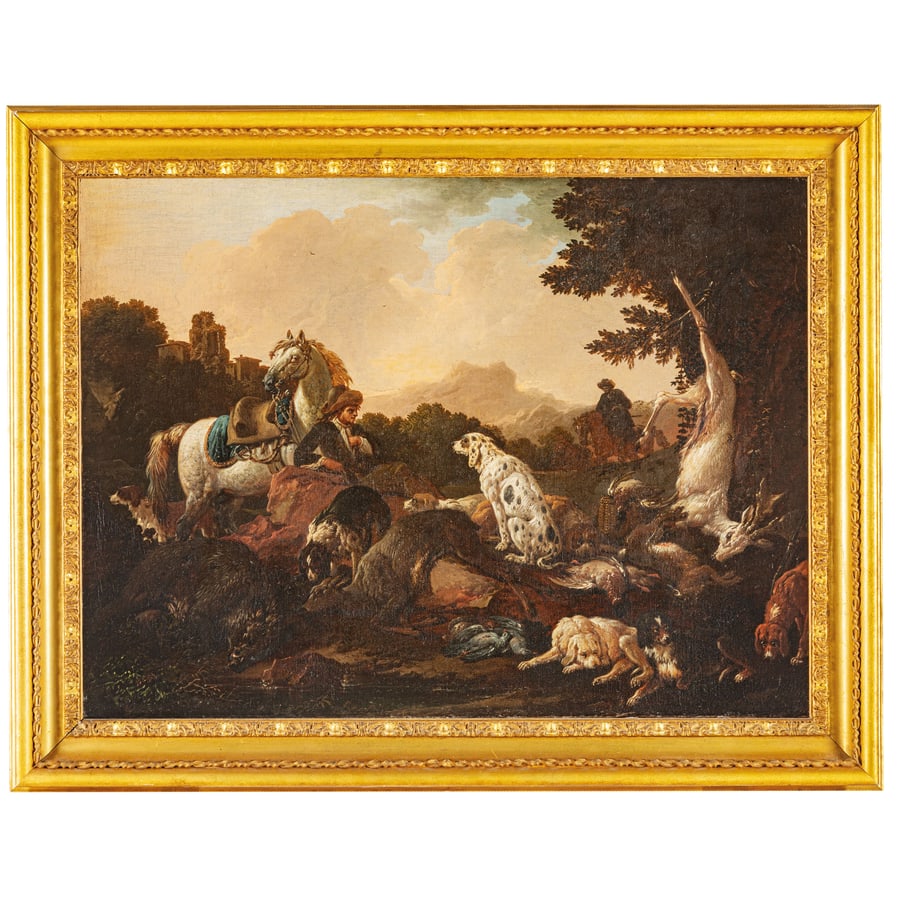 PHILIPP PETER ROOS detto ROSA DA TIVOLI: (Sankt Goar, 1657 - Roma, 1706) Paesaggio pastorale Olio su tela, cm 57X76 Provenienza: Londra, Galleria Aaron (1964) Bruxelles, Nackers, 22-25 novembre 1967, lotto 850 (come Abraham Hondius)