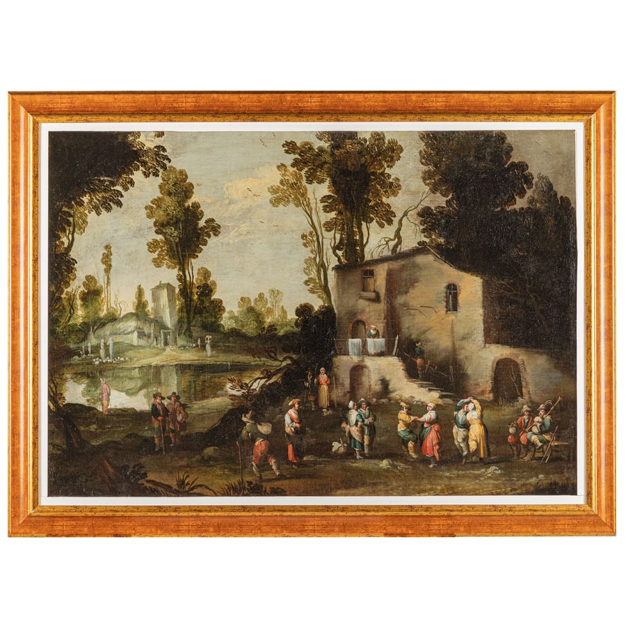 MAESTRO DELL'ACCADEMIA LIGUSTICA: (attivo a Genova intorno alla prima metà del XVII secolo) Paesaggio con figure Olio su tela, cm 76,5X114,3 I fratelli Cornelis e Luca de Wael intrapresero il viaggio in Italia raggiungendo Roma