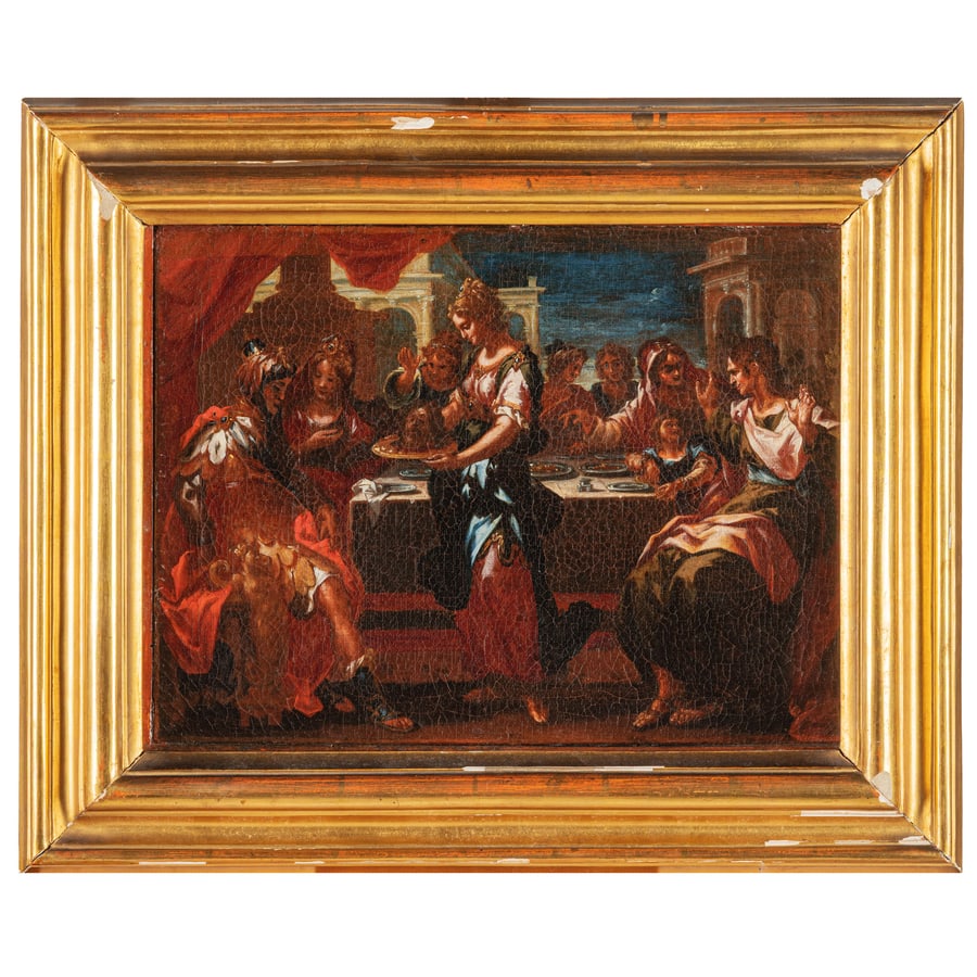 FRANCESCO PEREZZOLI detto IL FERRARINO: (Verona, 1661 - Milano, 1722) Salomè Olio su tela, cm 29,5X39,7 Il dipinto, la cui attribuzione si deve a Sergio Marinelli, si riconosce quale bozzetto per la tela raffigurante il Convito di