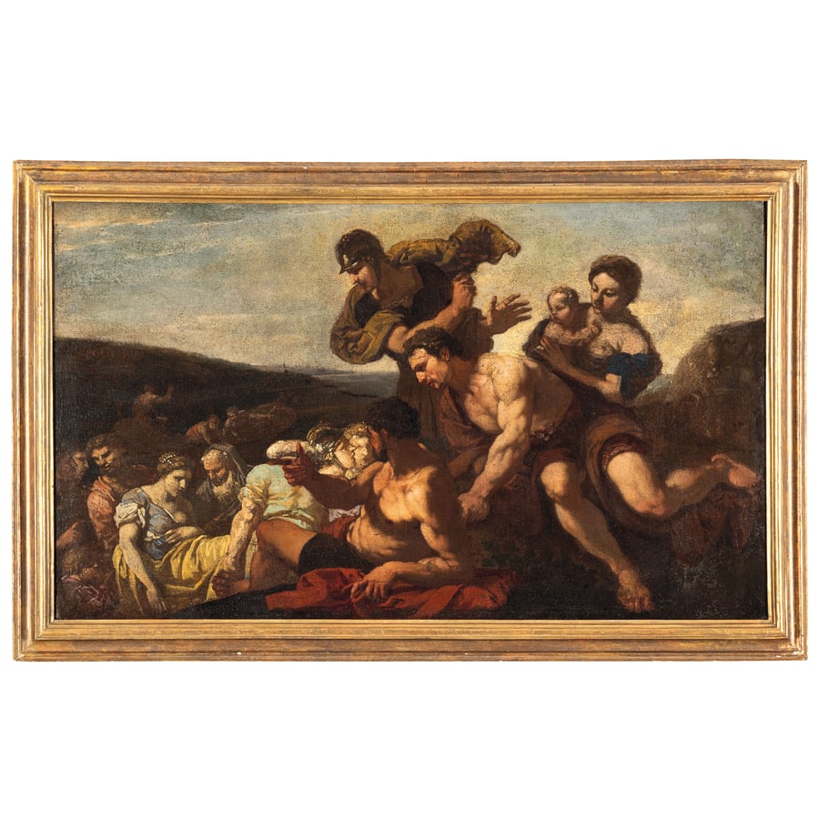 JOHANN KARL LOTH: (Monaco di Baviera, 1632 - Venezia, 1698) Il Salvataggio di Agrippina Olio su tela, cm 68X114 Il dipinto presenta una conduzione pittorica tipica dell'abbozzo, infatti, si riconosce quale modelletto p