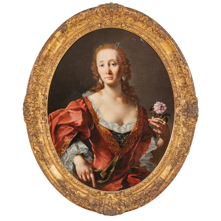 LUIGI CRESPI: (Bologna, 1708 - 1779) Ritratto di dama con garofano Olio su tela ovale, cm 92X73 Provenienza Milano, collezione del conte Ladislau Tyszkiewicz Milano, collezione privata Bibliografia: Vente de la col