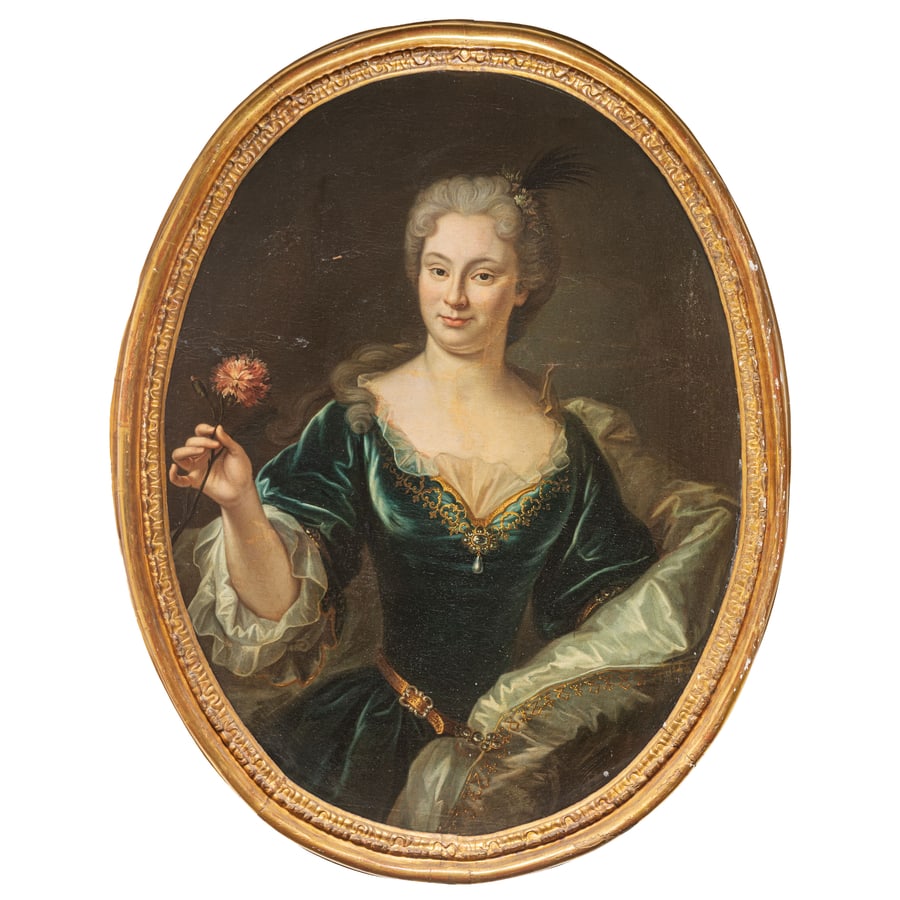 DOMENICO PARODI: (Genova, 1672 - 1742) Ritratto femminile con garofano Monogrammato sul fiore? Olio su tela, cm 99X75,3 Provenienza: Collezione del principe Pio di Savoia Londra, Sotheby's, 2 ottobre 1999, lotto 395
