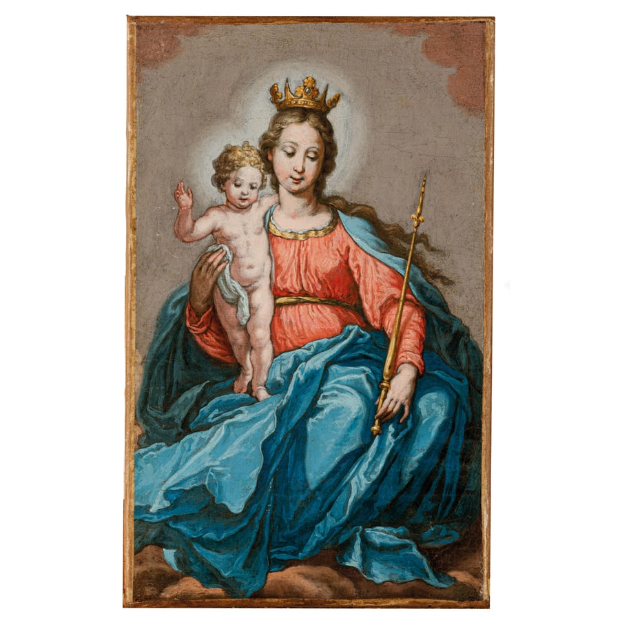PITTORE DEL XVII-XVIII SECOLO: Madonna con il Bambino Olio su tela, cm 28X17,5 Provenienza: Milano, collezione privata