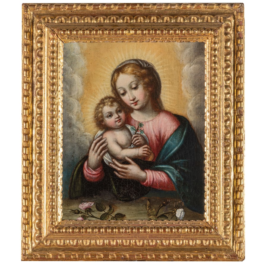 ORSOLA MADDALENA CACCIA: (Moncalvo, 1596 - 1676) Madonna con il Bambino Olio su tela, cm 34X27,5 Provenienza: Asti, Castello di Settime Mercato antiquario Milano, collezione privata L'opera è stata riconosciuta alla