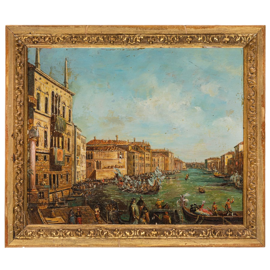 PITTORE DEL XIX SECOLO: Veduta del Canal Grande con la regata a Ca' Foscari Olio su tavola, cm 20,5X25,5 Il dipinto prende a modello la celebre veduta di Canaletto dipinta tra il 1732 e il 1735, conservata a Windsor e