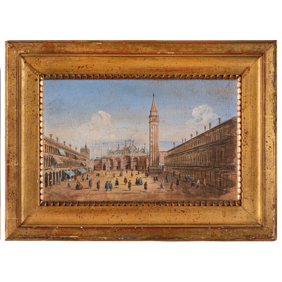 PITTORE DEL XIX SECOLO: Veduta di Piazza San Marco Olio su carta applicata su tela, cm 18X28,5 Il dipinto raffigura Piazza San Marco verso la Basilica da un punto di vista lievemente rialzato per dare una visuale più