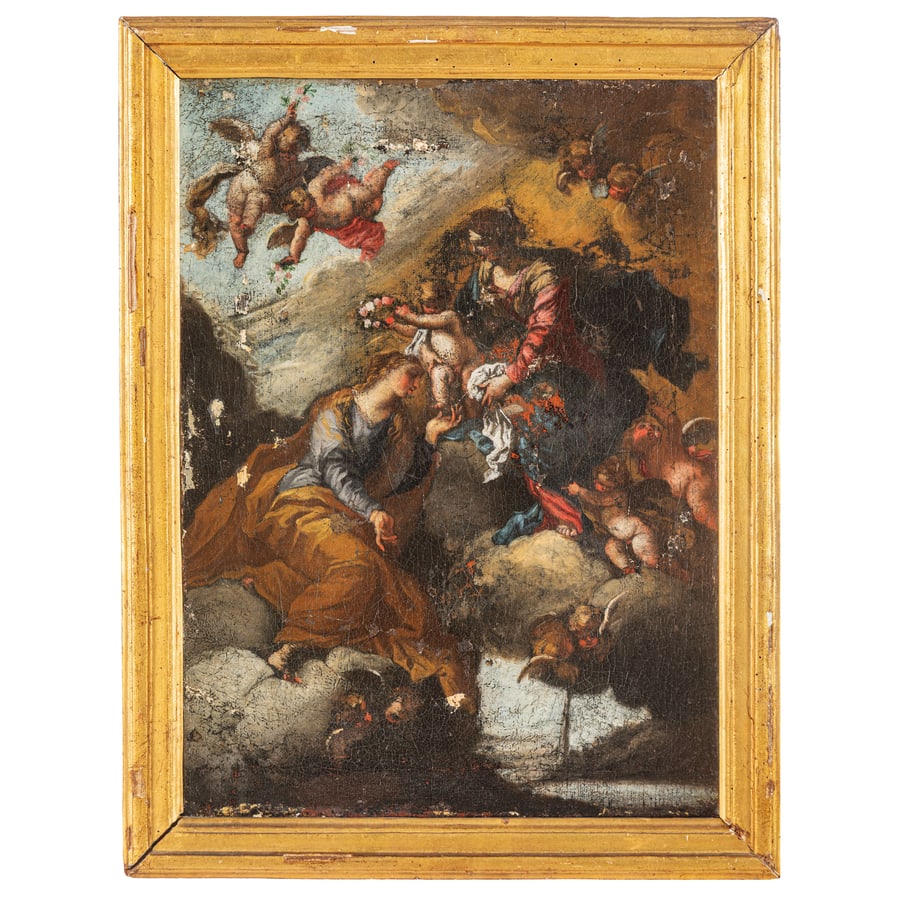 VALERIO CASTELLO: (Genova, 1624 - 1659) Gloria di Santa Rosalia con sullo sfondo la Lanterna (1657-1658) Olio su tela, cm 48,5X35,5 Provenienza: Roma, Finarte, 25-26 ottobre 1983, lotto 576 (come Valerio Castello) Geno