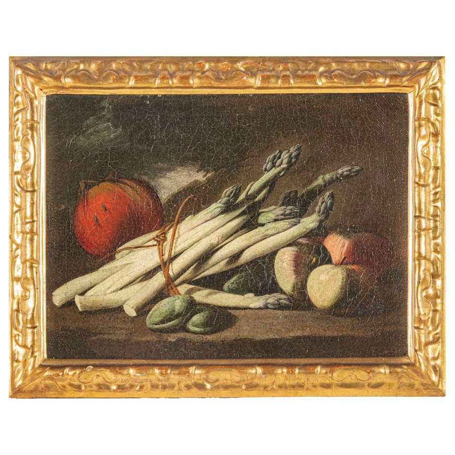 ANGELO MARIA ROSSI: (Milano, notizie dal 1662 al 1675) Natura morta con frutti e asparagi Olio su tela, cm 29X39,5 Provenienza: Saronno, collezione privata La critica ha solo recentemente identificato la realtà