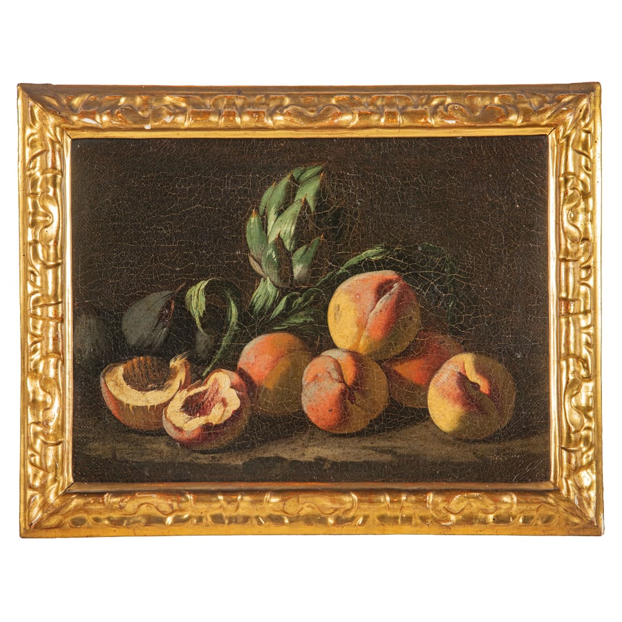 ANGELO MARIA ROSSI: (Milano, notizie dal 1662 al 1675) Natura morta con pesche, fico e carciofo Olio su tela, cm 29X39,5 Provenienza: Saronno, collezione privata Vedi scheda al lotto precedente.