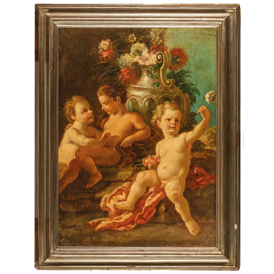 FRANCESCO DE MURA E BOTTEGA: (Napoli, 1696 - 1782) Giochi di putti con natura morta Olio su tela, cm 75,2X56,5 Provenienza: Collezione privata Francesco De Mura fu l'allievo favorito di Francesco Solimena e principale interprete 