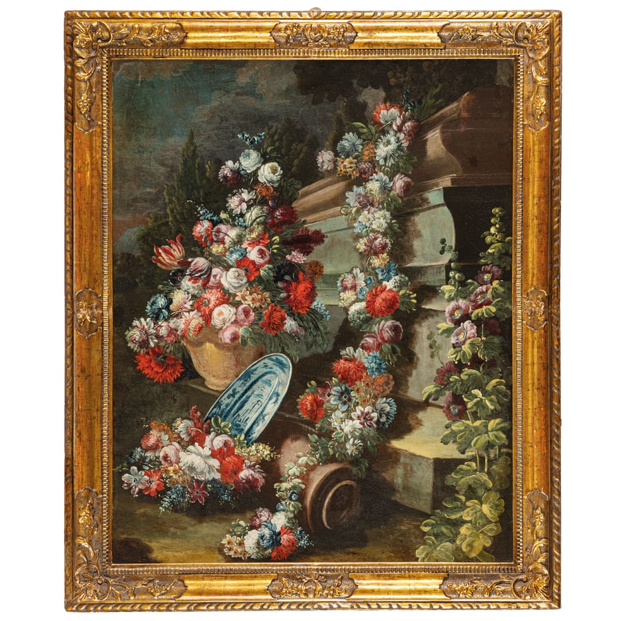 FRANCESCO LAVAGNA: (attivo a Napoli nel XVIII secolo) Natura morta in un giardino con rovine classiche Olio su tela, cm 85X67,8 Provenienza: Londra, Phillips, 6 aprile 1995, lotto 189 (come attribuito a Gaspare Lopez)