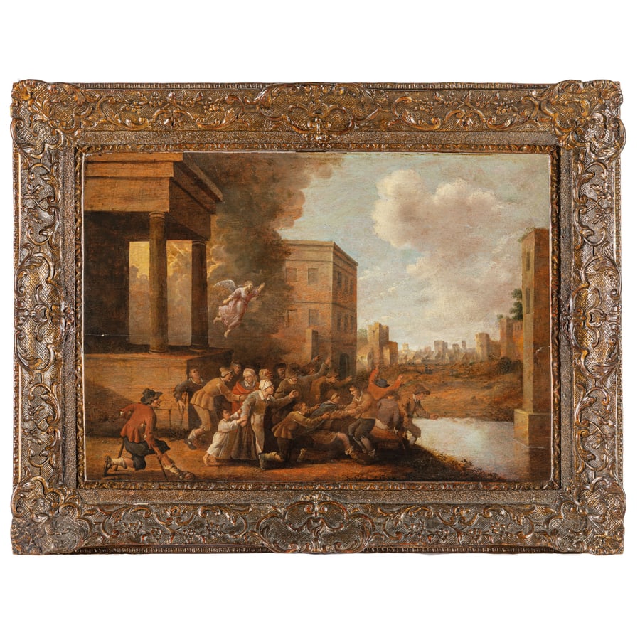JOOST CORNELISZ DROOCHSLOOT (attr. a): (Utrecht, 1585/86 - 1666) Il miracolo presso la piscina di Betesda Siglato a lettere intrecciate in basso a sinistra? Olio su tavola, cm 53X74 Provenienza: Amsterdam, Sotheby's, 30 giugno 2003, lotto