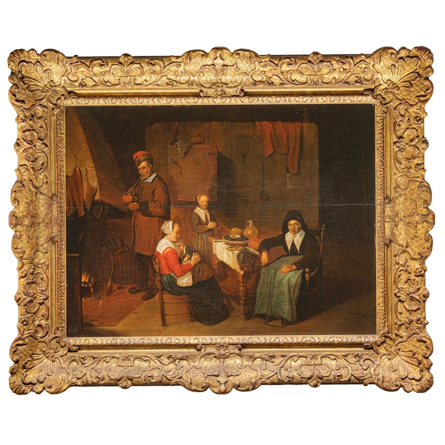 QUIRINGH VAN BREKELENKAM: (Zwammerdam, circa 1622 - Leida, circa 1668) Scena di interno Olio su tavola, cm 46,7X62,2 Provenienza: The earl of Sandwich, Settlement (1943, come Abraham de Pape?) Londra, Sotheby's, 10 dicembre 19