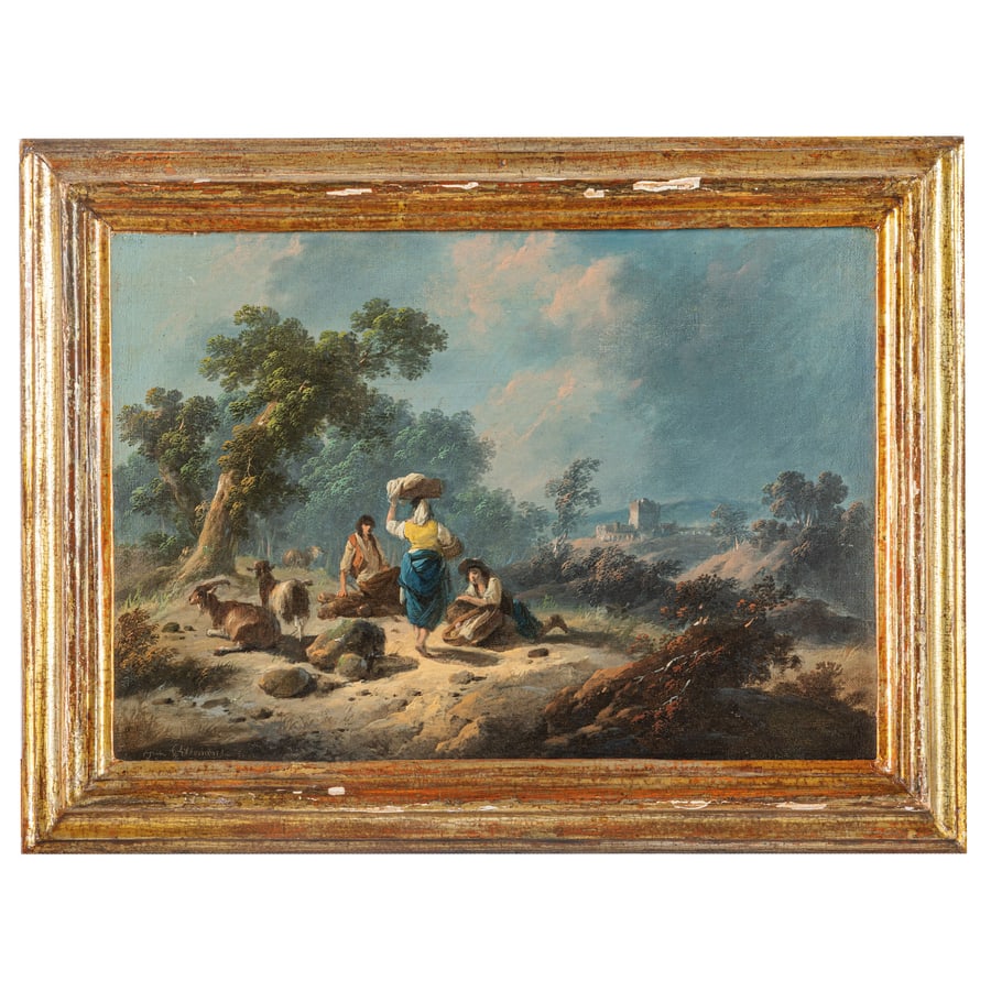 JEAN BAPTISTE PILLEMENT: (Lione, 1728 - 1808) Paesaggio pastorale Firmato e datato in basso a sinistra Olio su tela, cm 25,7X36,5 Provenienza: Genova, collezione privata La tela in esame si colloca durante o subito dopo il do