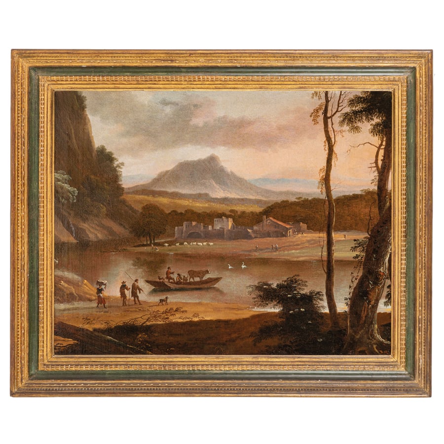 ADRIAEN VAN DIEST: (L'Aia, 1655 - Londra, 1704) Paesaggio lacustre con figure Firmato in basso al centro Olio su tela, cm 81,5X103 Provenienza: Collezione privata Attivo all'Aia sino al 1672 e formatosi con il padre