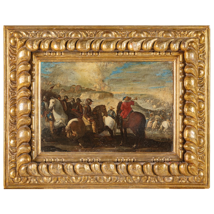 ANIELLO FALCONE: (Napoli, 1607 - 1656) Scena di battaglia Olio su tela, cm 39X56,3 Provenienza: Collezione privata L'importanza dell'artista si coglie prima di tutto leggendo le fonti, perché il Falcone pur