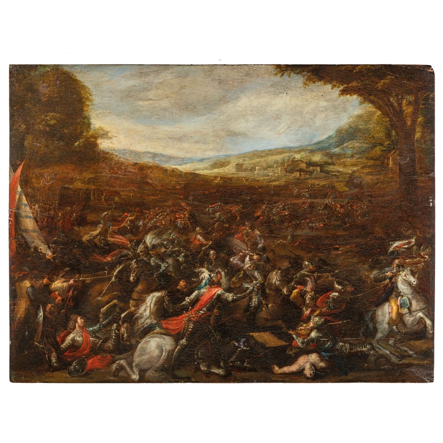 MELCHIORRE GHERARDINI detto il CERANINO: (Milano, 1607 - 1668) Battaglia Olio su tavola, cm 51,2X68,5 Melchiorre Gherardini detto il Ceranino si formò con Giovan Battista Crespi da cui erediterà la bottega. La produzione