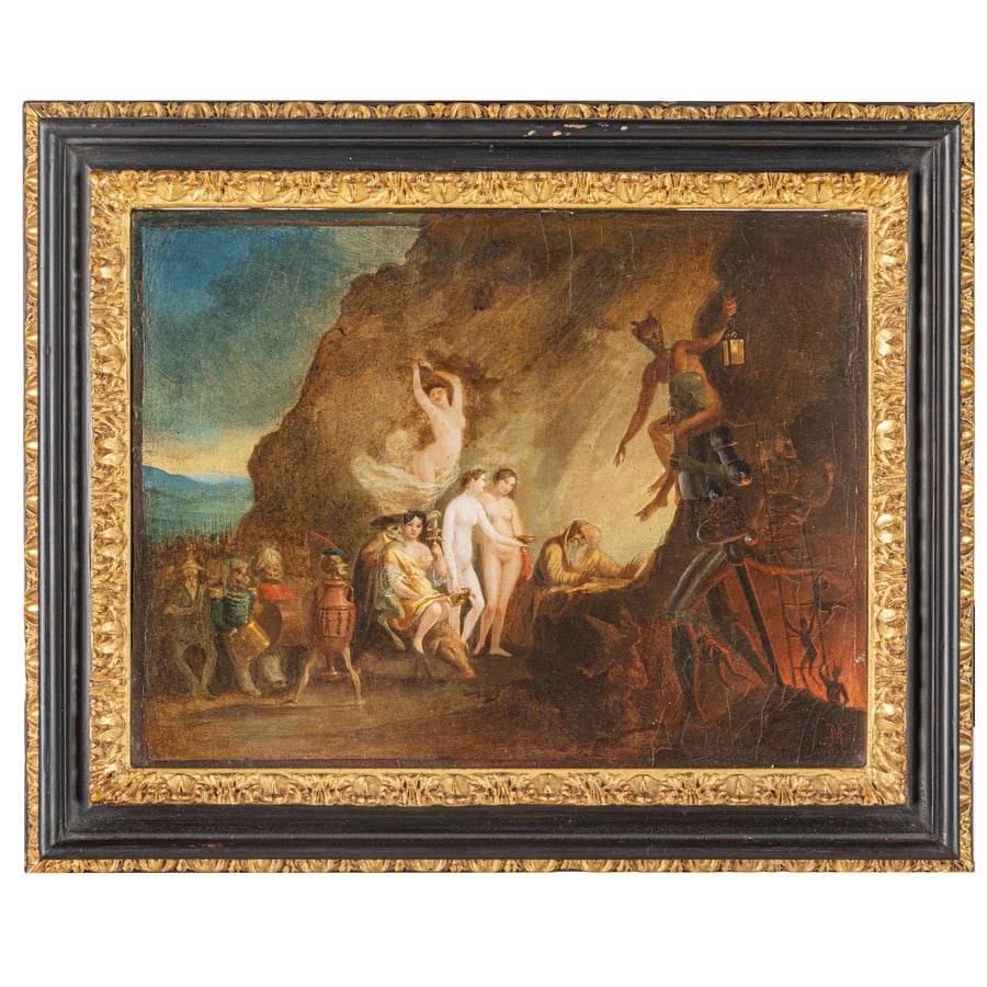 PITTORE VENETO DEL XVIII SECOLO: Le tentazioni di Sant'Antonio Monogrammato in basso a destra Olio su carta applicata su tela, cm 22,5X29,3 Provenienza: Collezione privata