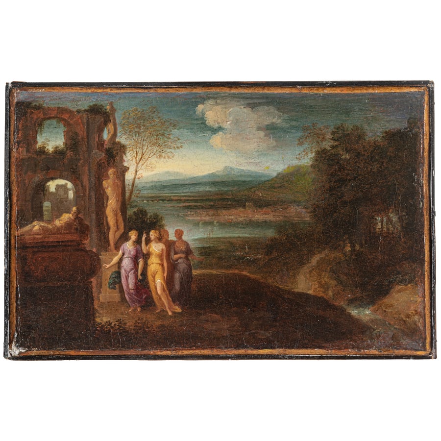 PITTORE ATTIVO A ROMA NEL XVII SECOLO: Paesaggio con architetture classiche e vestali Olio su tela, cm 20,5X32,5 Provenienza: Collezione privata