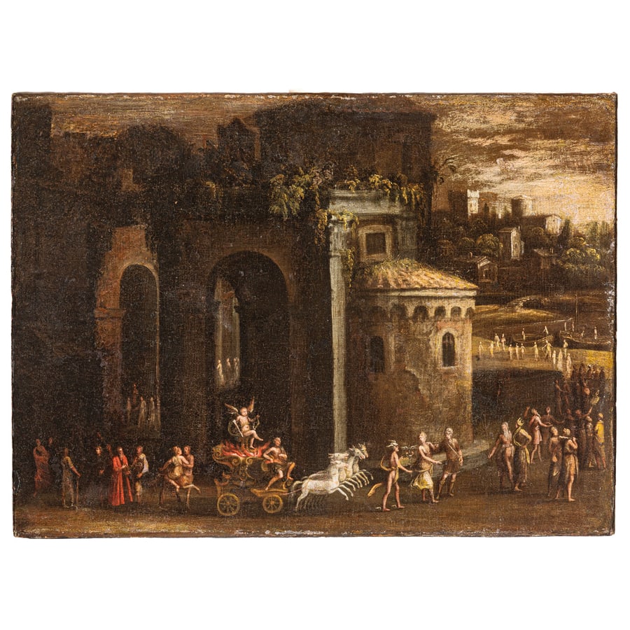 PITTORE ATTIVO A ROMA NEL XVII SECOLO: Il trionfo di Amore Olio su tela, cm 36X49,5 Reca sul verso cartellino con inscritto: 'Trionfo d'amore ; scuola veneziana'. Provenienza: Collezione privata