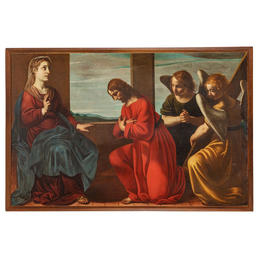 MONOGRAMMISTA RG: (attivo a Roma durante il secondo decennio del XVII secolo) Madonna con Cristo e Angeli Olio su tela, cm 115X177 Provenienza: Roma, collezione privata Bibliografia: G. Papi, Il Genio degli anonimi.