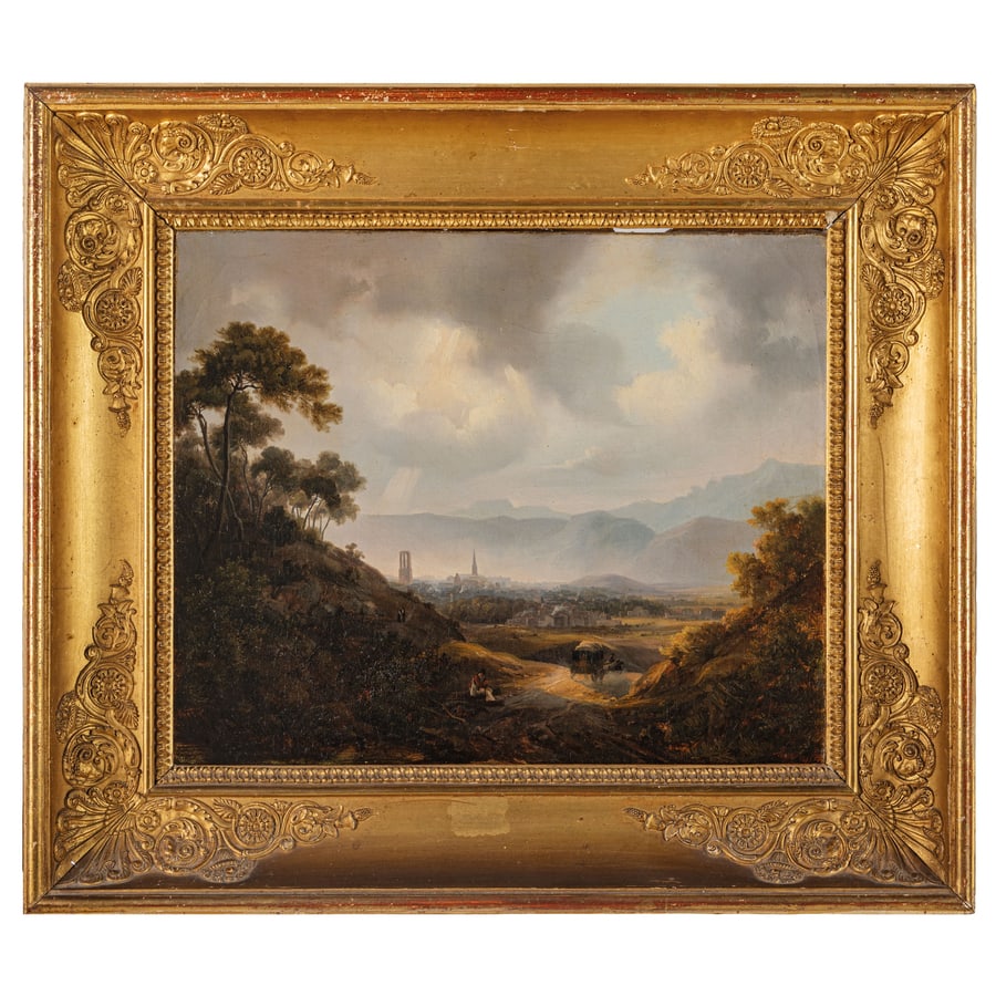 AUGUSTE ETIENNE FRAN?OIS MAYER: (Brest, 1805 - 1890) Paesaggio con veduta Firmato e datato 'Mayer 1852' in basso a destra Paesaggio con viandanti Olio su tela, cm 38X46,5 (2) Provenienza: Collezione privata Principalmente noto per