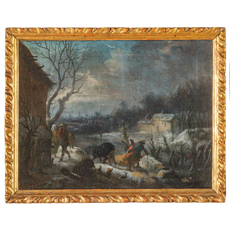 GEORGE MORLAND (attr. a): (Londra, 1763 - 1804) Paesaggio invernale con figure Olio su tela, cm 29X37,5 Provenienza: Collezione privata Le prime opere di Morland furono influenzate da Francis Wheatley, ma dopo gli anni '90
