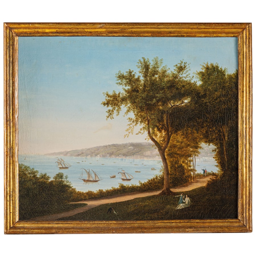PITTORE ATTIVO A NAPOLI NEL XVIII SECOLO: Veduta costiera Olio su tela, cm 63X77,5 Provenienza: Collezione privata L'opera si può ricondurre a un artista attivo a Napoli alla fine del XVIII secolo e influenzato da Jakob Philipp Hackert