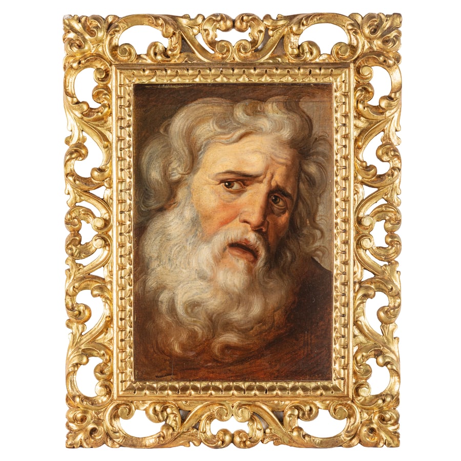 PIETRO BENVENUTI (attr. a): (Arezzo, 1769 - Firenze, 1844) Studio di testa raffigurante Priamo Olio su carta applicata su tavola, cm 47,2X34 Provenienza: Collezione privata Questo studio di testa si può ricondurre al