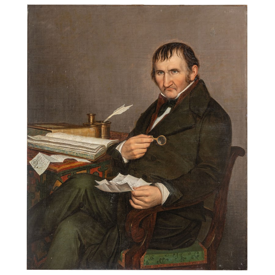 GIUSEPPE MOLTENI: (Affori, 1800 - Milano, 1867) Ritratto d'uomo Monogrammato 'GM' sul documento appoggiato alla scrivania Olio su tela, cm 107X87,5 Provenienza: Collezione privata Iscrittosi all'Accademia di Belle