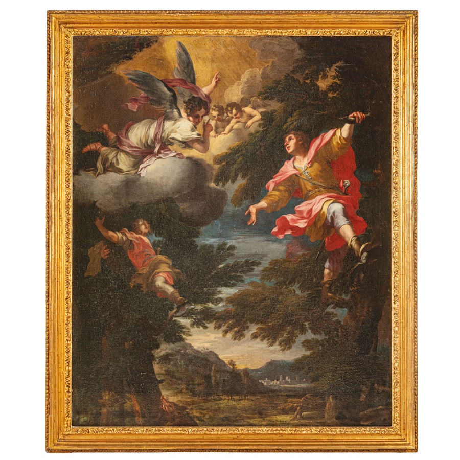 GUILLAUME COURTOIS detto GUGLIELMO CORTESE: (Saint-Hippolyte, 1628 - Roma, 1679) Scena miracolosa Olio su tela, cm 114,3X94,2 Reca cartellino sul retro con inscritto: 'Pittoni (Jean Baptiste) 97 ; La Légende Des Saints' Provenienza: Roma, 