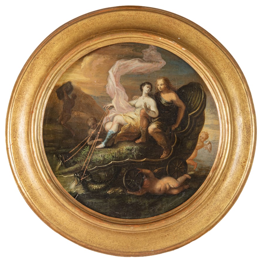 PITTORE TOSCANO DEL XVIII SECOLO: Il trionfo di Venere Diana e Atteone Olio su tavola, diam. cm 33 (2) Provenienza: Collezione privata Già riferiti ad un autore lombardo, i dipinti trovano migliori relazioni con gli esempi della