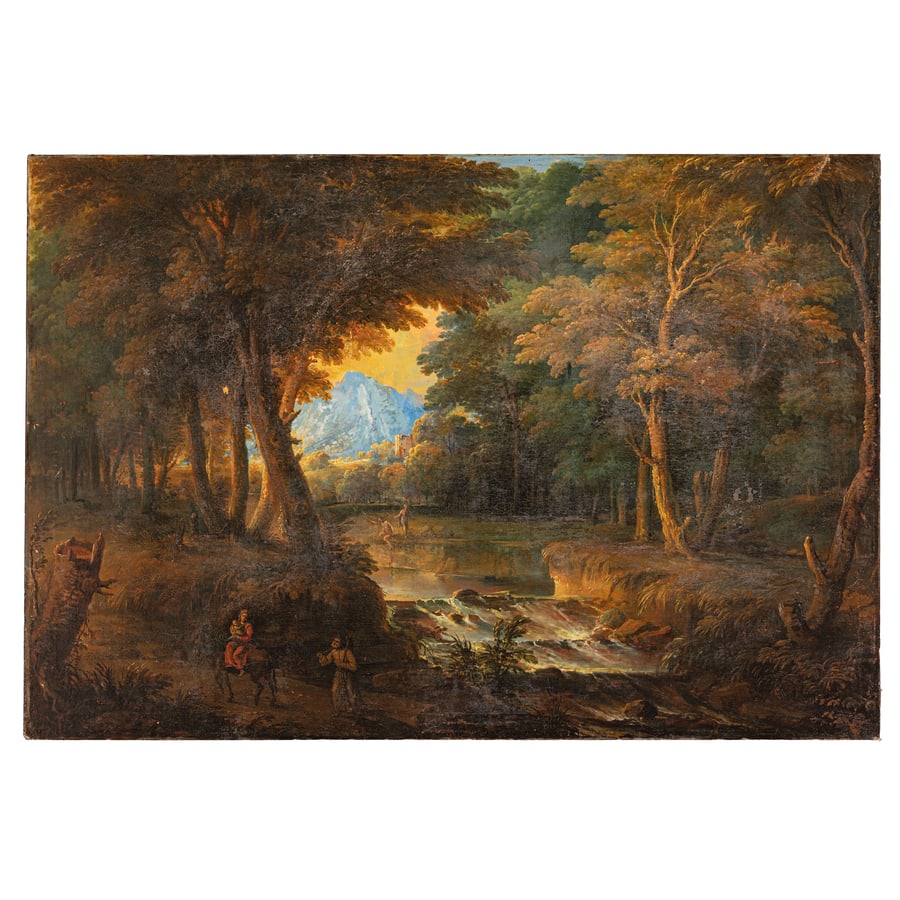 GIUSEPPE RONCELLI: (Candia, 1663 - Bergamo, 1729) Paesaggio Olio su tela, cm 108,5X159 Provenienza: Collezione privata Formatosi sugli esempi del paesismo veneto e influenzato da Pieter Mulier detto il Cavalier Tempesta