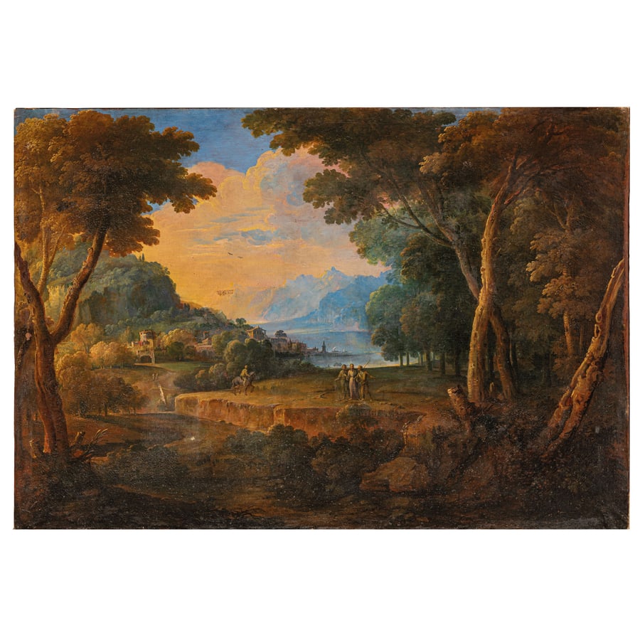 GIUSEPPE RONCELLI: (Candia, 1663 - Bergamo, 1729) Paesaggio Olio su tela, cm 109,2X159 Provenienza: Collezione privata Vedi scheda al lotto precedente.
