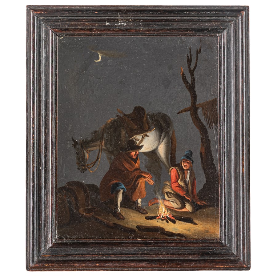 PITTORE DEL XIX SECOLO: Viaggiatori attorno a un fuoco Viandanti Olio su lavagna, cm 16,2X13 (2) Provenienza: Collezione privata