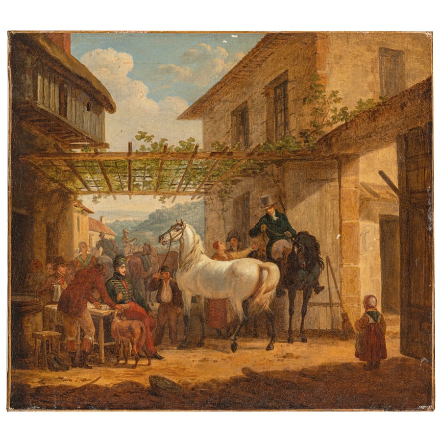 BERNARD-EDOUARD SWEBACH: (Parigi, 1800 - Versailles, 1870) Sosta davanti a una locanda Firmato Swebach in basso a destra Olio su tela, cm 46,2X52 Provenienza: Vannes, Jack-Philippe Ruellan S.A.R.L., 8 aprile 2017, lotto 14