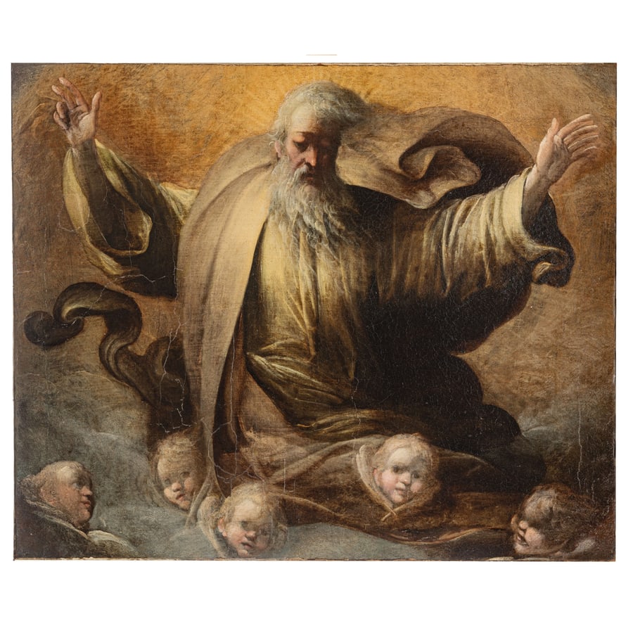 GIOVANNI ANDREA DONDUCCI detto IL MASTELLETTA: (Bologna, 1575 - 1655) Dio Padre Olio su tela, cm 81,5X98 Provenienza: Collezione privata Anche se la carriera di Mastelletta si svolse prevalentemente nel XVII secolo, la sua arte è fortemente i