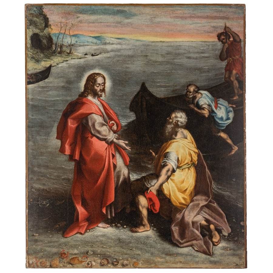 GIORGIO PICCHI: (Casteldurante, 1555 circa - 1605) La Vocazione di Sant'Andrea e San Pietro Olio su tela, cm 103X86,5 Provenienza: Collezione privata Avviato all'arte dal padre, Picchi si trasferì a Roma nel