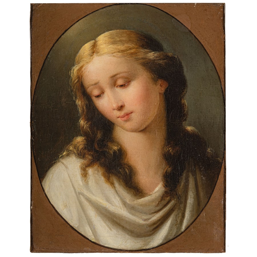 PITTORE BOLOGNESE DEL XVIII SECOLO: Testa femminile Olio su tela, cm 45X35,2 Provenienza: Collezione privata