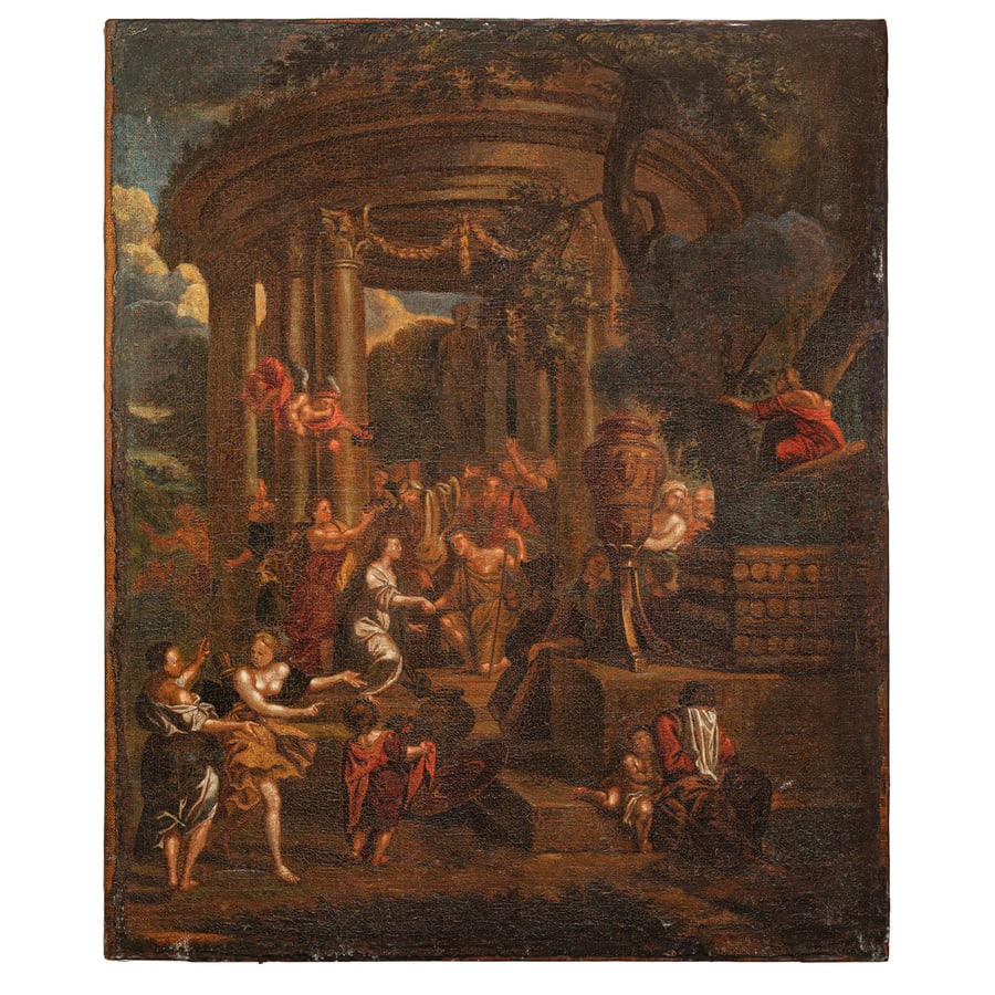 G?RARD DE LAIRESSE (attr. a): (Liegi, 1641 - Amsterdam, 1711) Scena mitologica Olio su tela, cm 62,5X52 Provenienza: Collezione privata Formatosi con il padre, De Lairesse studiò musica e poesia e al contempo iniziò la