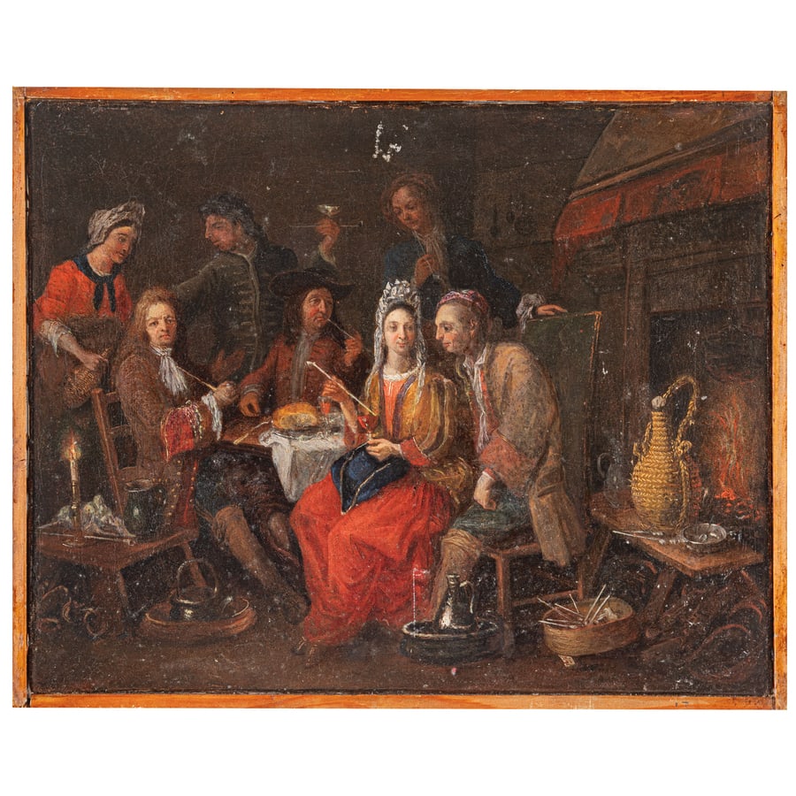 PIER LEONE GHEZZI (attr. a): (Roma, 1674 - 1755) Scena d'interno Olio su tela, cm 32,5X41 Provenienza: Collezione privata L'interesse di Pier Leone Ghezzi per il genere della caricatura e per le scienze umane suggerì all'art