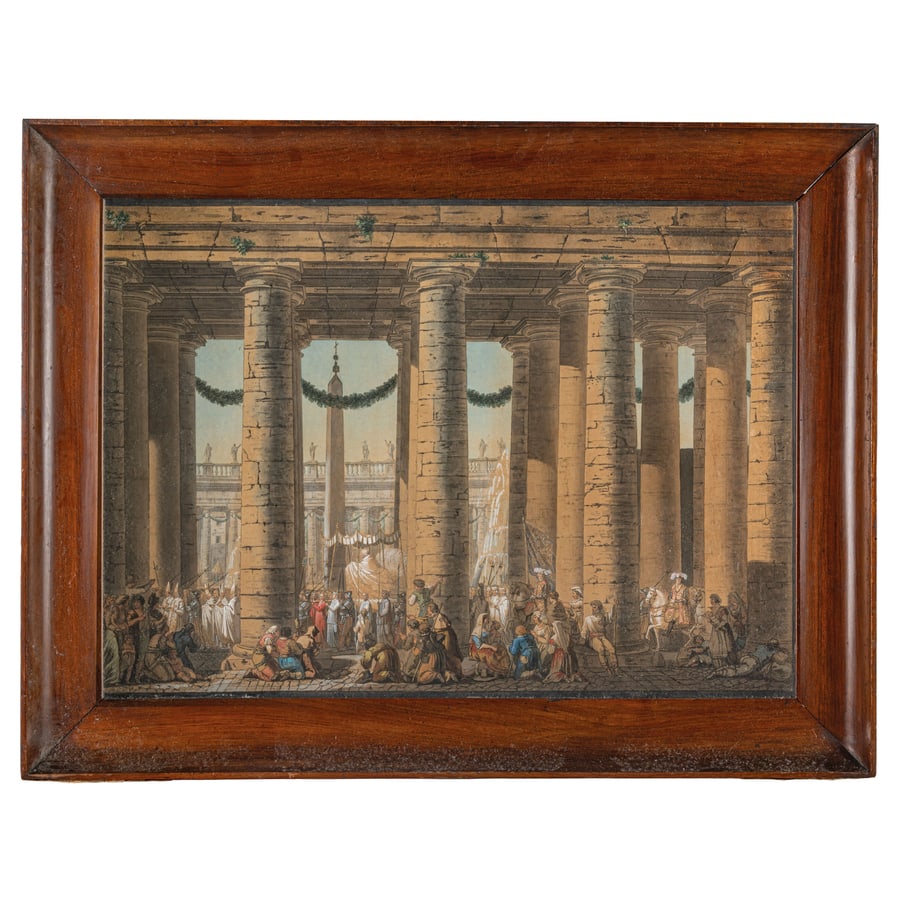 FRANZ KAISERMANN: (Yverdon, 1765 - Roma, 1833) BARTOLOMEO PINELLI (Roma, 1781 - 1835) Processione del Corpus Domine Veduta del colonnato di San Pietro Tempera su carta, cm 48X66,5 (2) Provenienza: Collezione privata